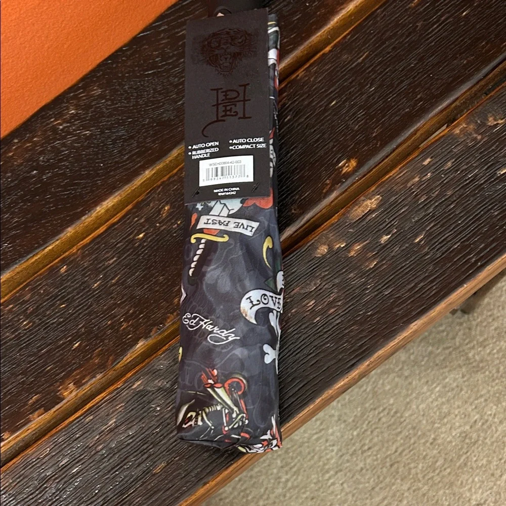 Ed Hardy Black Tattoo-Print Compact Umbrella with Red and Yellow Accents